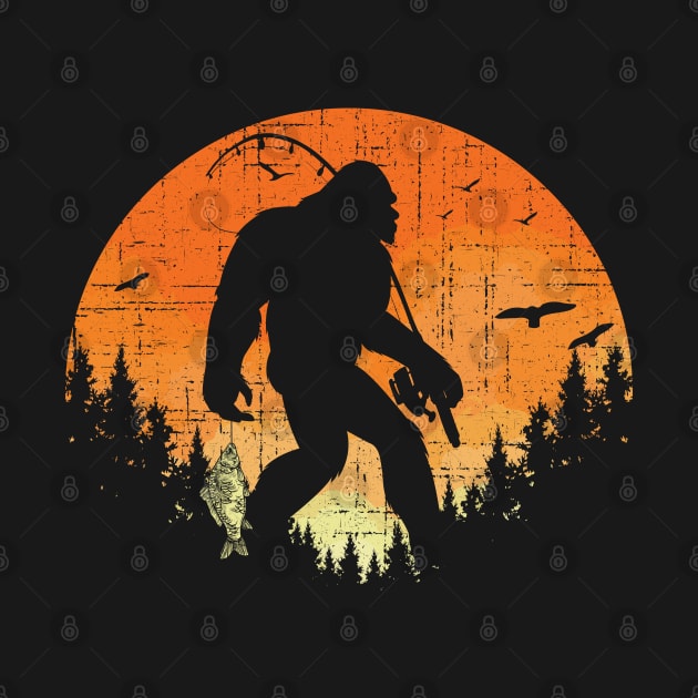 Fishing Bigfoot Sunset - Retro Bigfoot by Tesszero