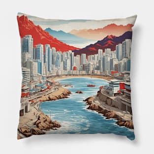 Busan South Korea Travel Tourism Retro Vintage Art Pillow