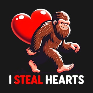 Bigfoot I Steal Hearts Funny Valentine's Day Bigfoot Holding Heart Lover Gifts T-Shirt