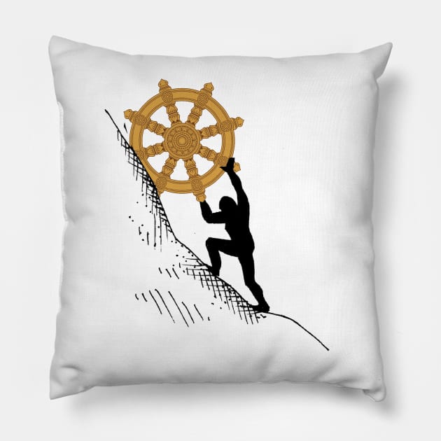 Sisyphus Rolling the Dharma Wheel Pillow by neememes