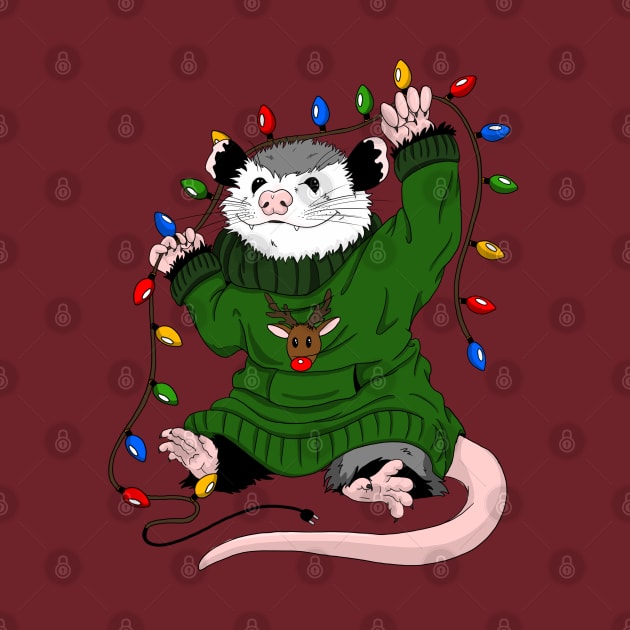 Opossum in Christmas sweater, assorting light bulbs by The Christmas Lady