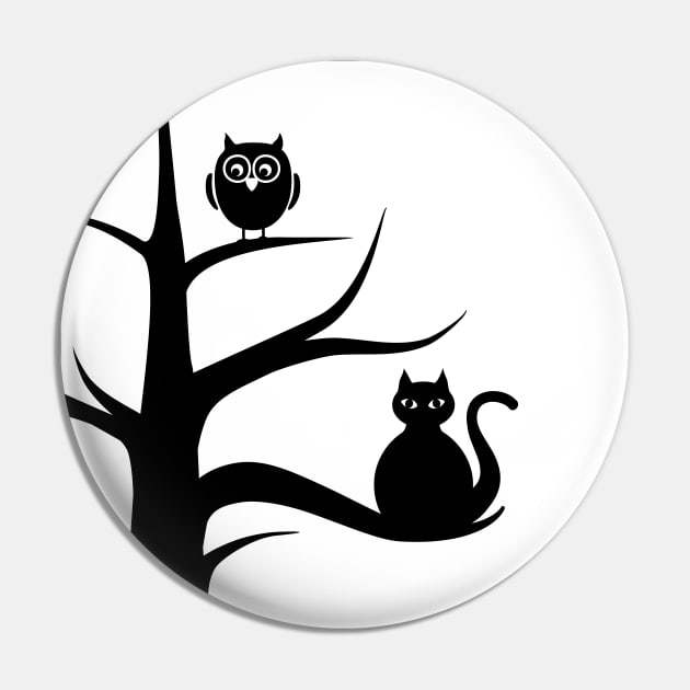 Cute Cat and Owl in Tree, Silhoutte against Full Moon Pin by Markadesign