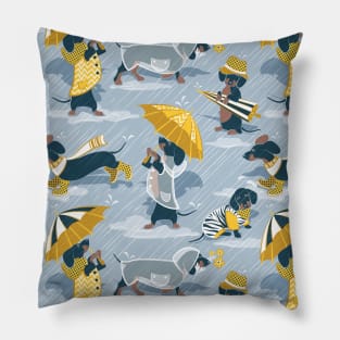 Ready For a Rainy Walk // pattern // pastel blue background dachshunds dogs with yellow and transparent rain coats Pillow