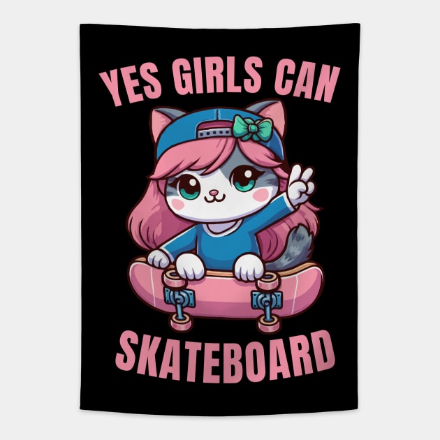 Yes Girls Can Skateboard, Skater Cat Girl Tapestry by MoDesigns22 