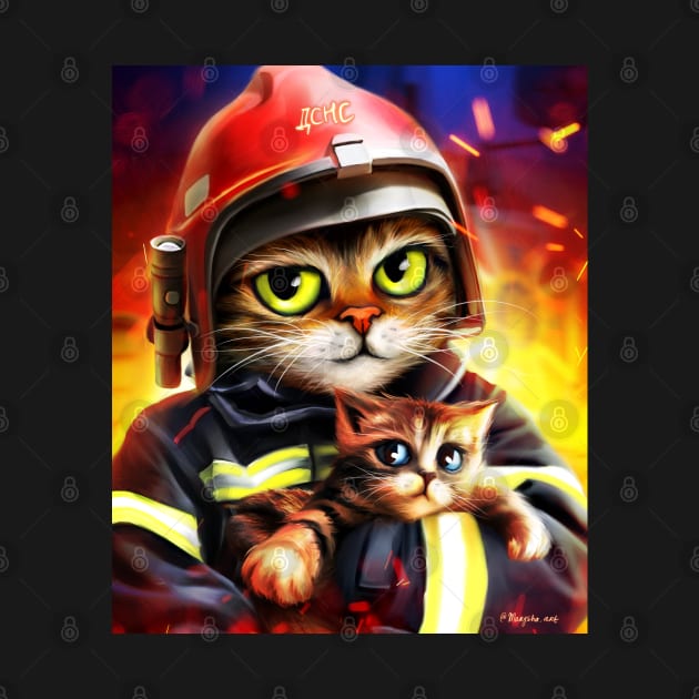 firefighter cat with little kitty by Marysha_art