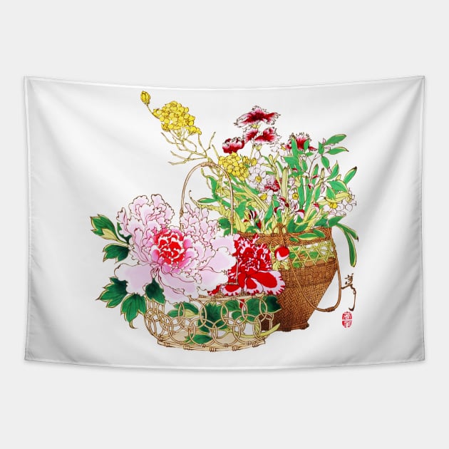 Japanese flower basket ukiyo-e art Tapestry by kanchan