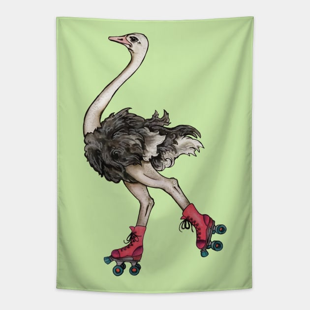 Ostrich on Roller Skates Tapestry by artfulfreddy