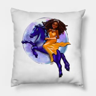 Royal Black queen Melanin Black woman anime girl princess on horse ! moon black girl with Afro hair in braids,dark brown skin Pillow