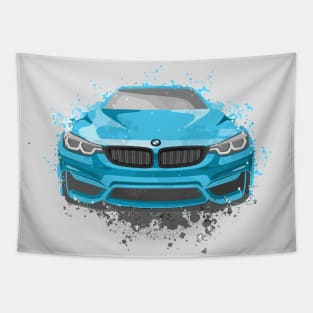 Blue Sports Car Illustration in Watercolor style Tapestry