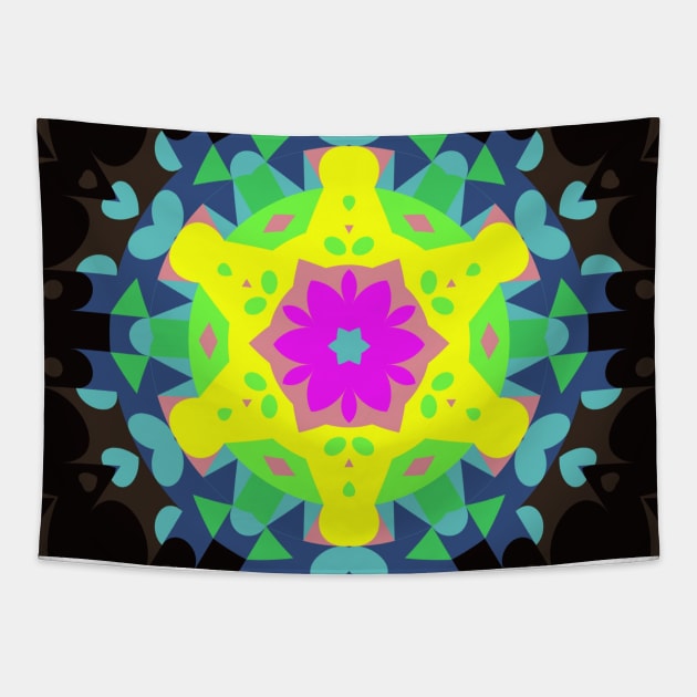 Retro Mandala Flower Pink Yellow Blue and Green Tapestry by WormholeOrbital