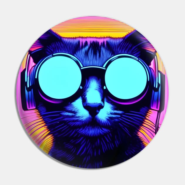 Cool Pop Art Cat with Sunglasses and Headphones Pin by Daz Art & Designs