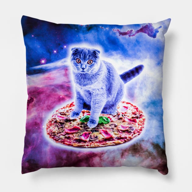 Galaxy Kitty Cat Riding Pizza In Space Pillow by Random Galaxy