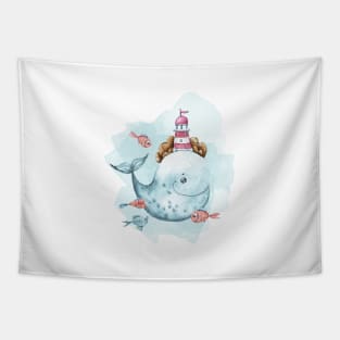 Watercolor cute whale and fish illustration Tapestry