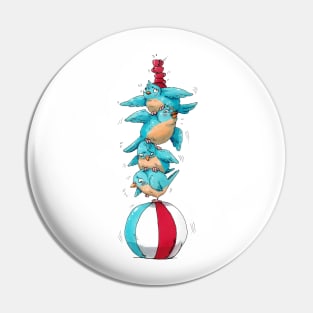 Blue Birds Balancing Boiling Beverages on a Beach Ball Pin