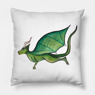 Green Dragon Flying in Pink Sky Pillow