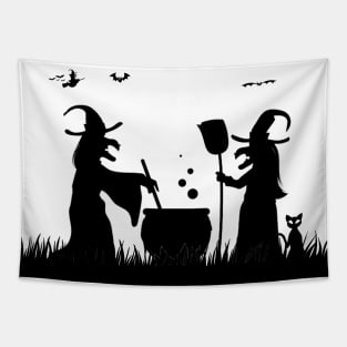 Funny and scary halloween witches cat and bats Tapestry