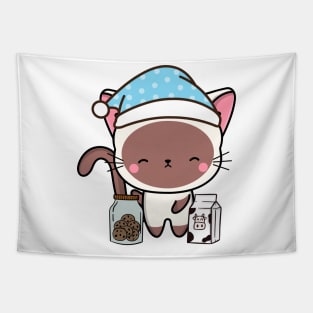 Funny white cat is having a midnight snack Tapestry