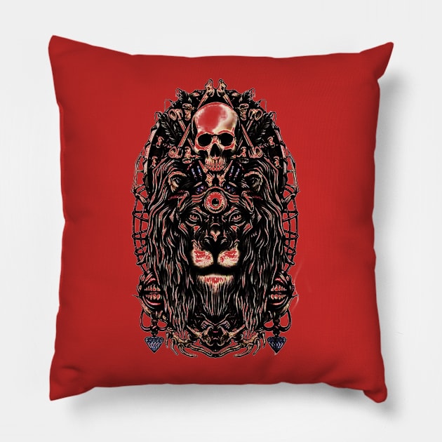 Dark Lion Skull Unique Illustration Pillow by nahuelfaidutti