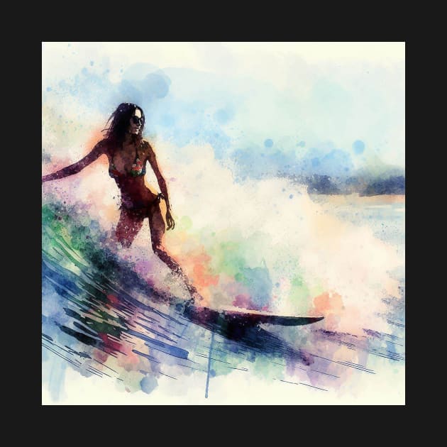 Abstract looking illustration of a woman surfing in a bikini in tropical waters. by WelshDesigns