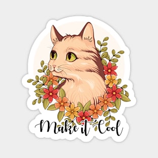 Make It Cool, Hand-Drawn Cute Cat with Floral Magnet