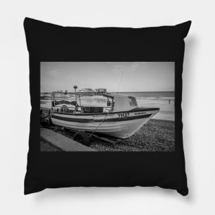 Traditional fishing boat on Cromer beach with the Victorian pier in the background Pillow