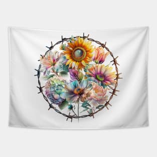 Flowers In A Circle Made Of Barbed Wire Tapestry