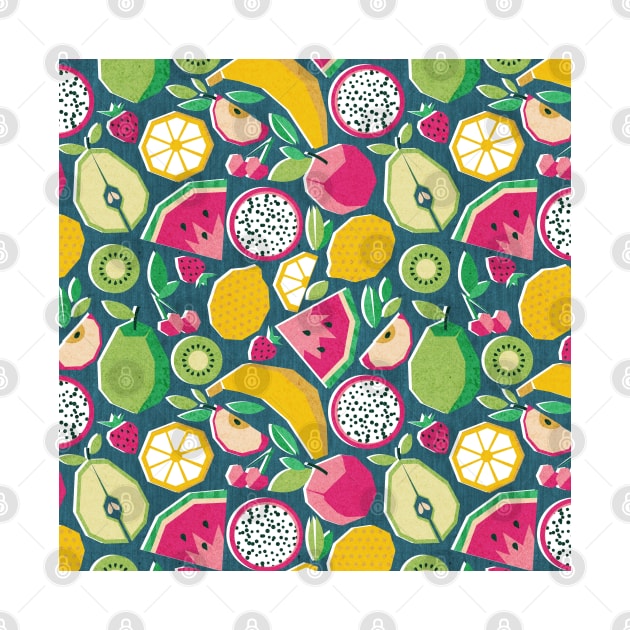 Paper cut geo fruits // pattern // teal background by SelmaCardoso