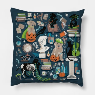 Labracadabrador halloween magic puppies // spot // nile blue background teal limerick green and mint details black and yellow Labrador Retriever dogs Pillow