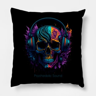 Psychedelic Skull Wearing Headphones Pillow