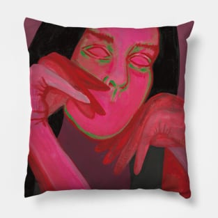 Red sad girl portrait Pillow