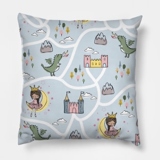 Childish seamless pattern with princess and dragon blue background Pillow