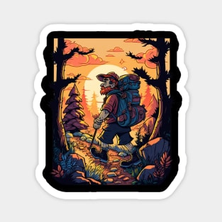 Boy trekking in the woods with a beautiful sunset effect Magnet