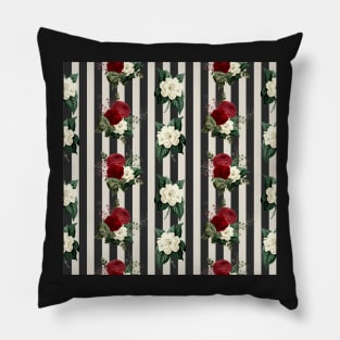 Red roses on Black and Grey Stripes Pillow