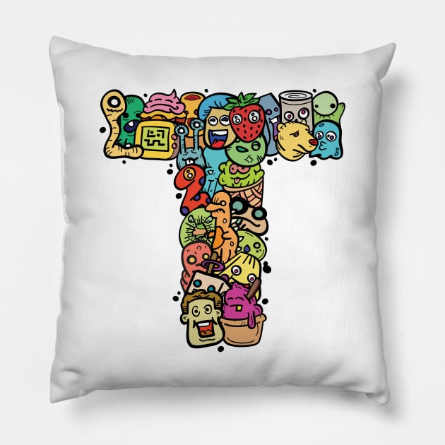 Alphabet Monster Doodle Letter T Monogram Pillow by Irene Koh Studio