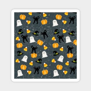Cute Halloween Black Cat Pumpkin Ghost Witch Hat on Grey Crackle Magnet