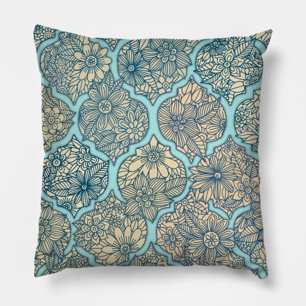 Moroccan Floral Lattice Arrangement - aqua / teal Pillow by micklyn