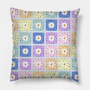 Rainbow Daisy Granny Squares Faux Crochet Pillow