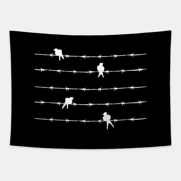 White Birds on Wire Tapestry by majoihart