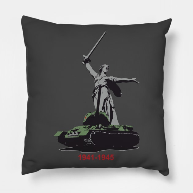 Tank T-34-85 and the monument "Motherland" Pillow by FAawRay