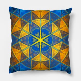 Mosaic Kaleidoscope Flower Blue and Yellow Pillow