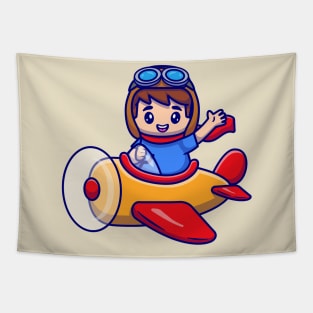 Cute Boy Driving Plane Tapestry