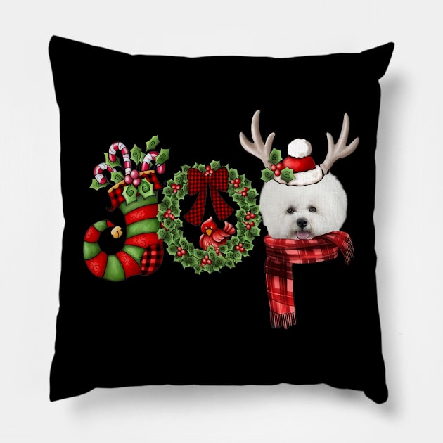 Christmas Joy Dwarf Stocking Reindeer Bichon Frise Pillow by Marcelo Nimtz