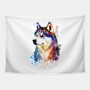 Rainbow Siberian Husky Watercolor Art Tapestry