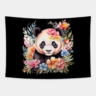 A panda bear decorated with beautiful watercolor flowers Tapestry