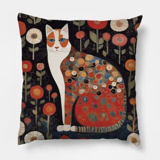 Klimt Calico Cat in Abstract Flower Garden Pillow