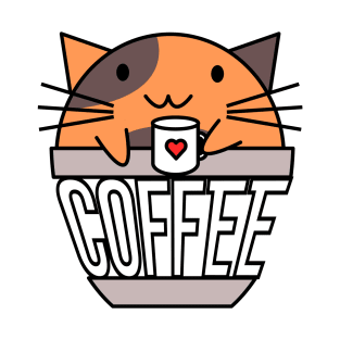 Cat in coffee cup with warped text holding coffee cup with heart orange and brown T-Shirt