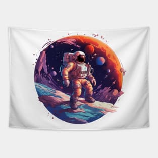 An astronaut standing in space on a rock with earth and mars in the background Tapestry