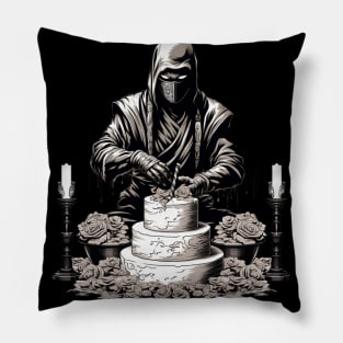 Ninja Birthday Cake: Gothic Style Sepia Illustration Pillow