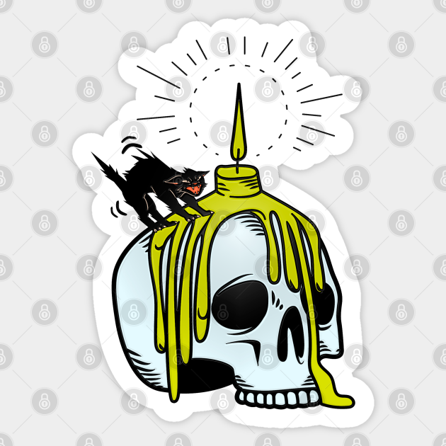 Laminated skull with a dripping candle on top and a frightened black cat with ruffled fur - - Sticker | TeePublic