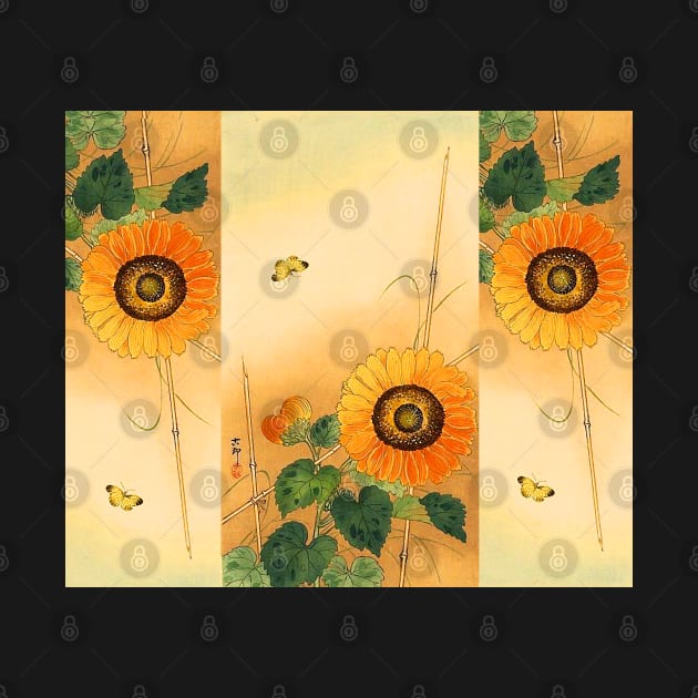 SUNFLOWER AND BUTTERFLY Antique Japanese Paintings by BulganLumini